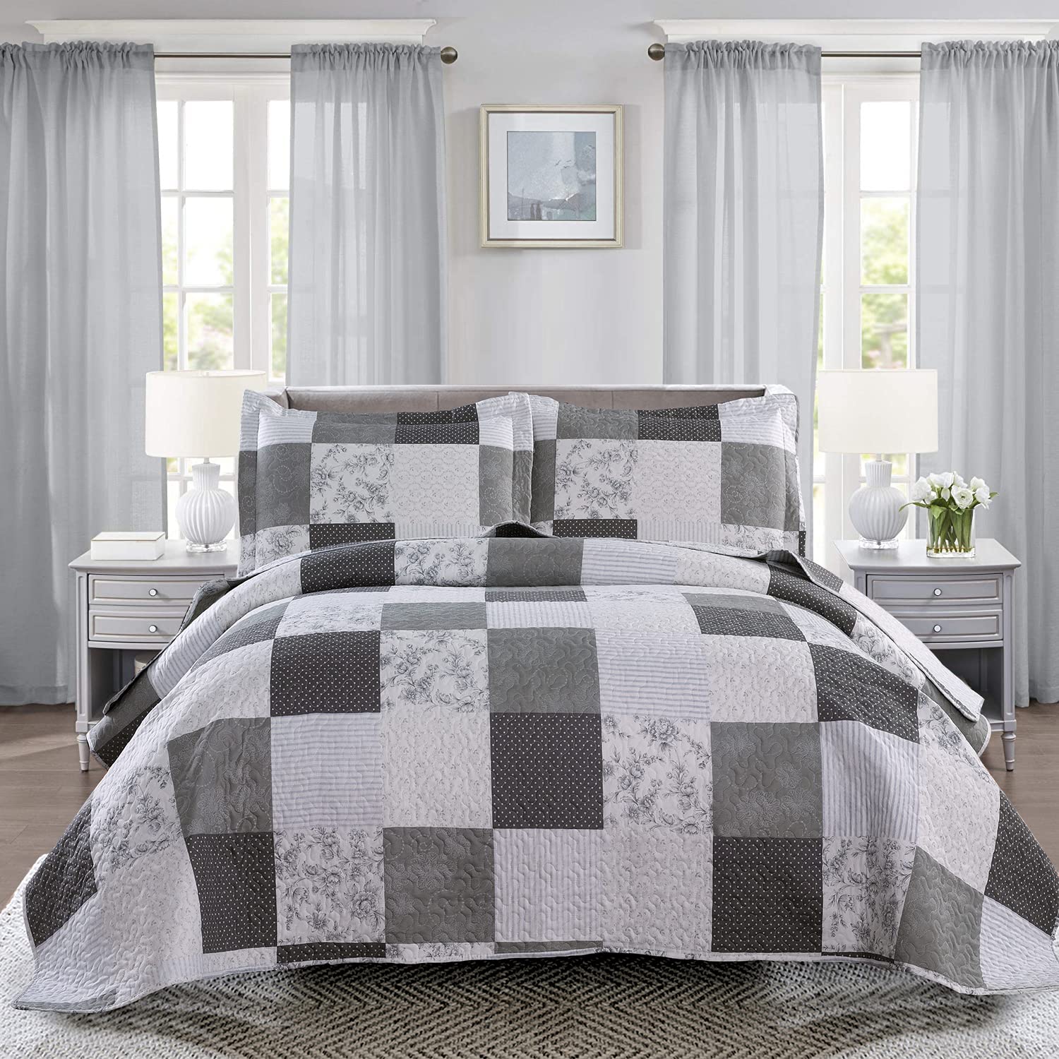 Ycosy Floral Quilt Set King Size Patchwork Plaid Bedding Set Flower Reversible Bedspread Morden Lightweight Coverlet Grey White